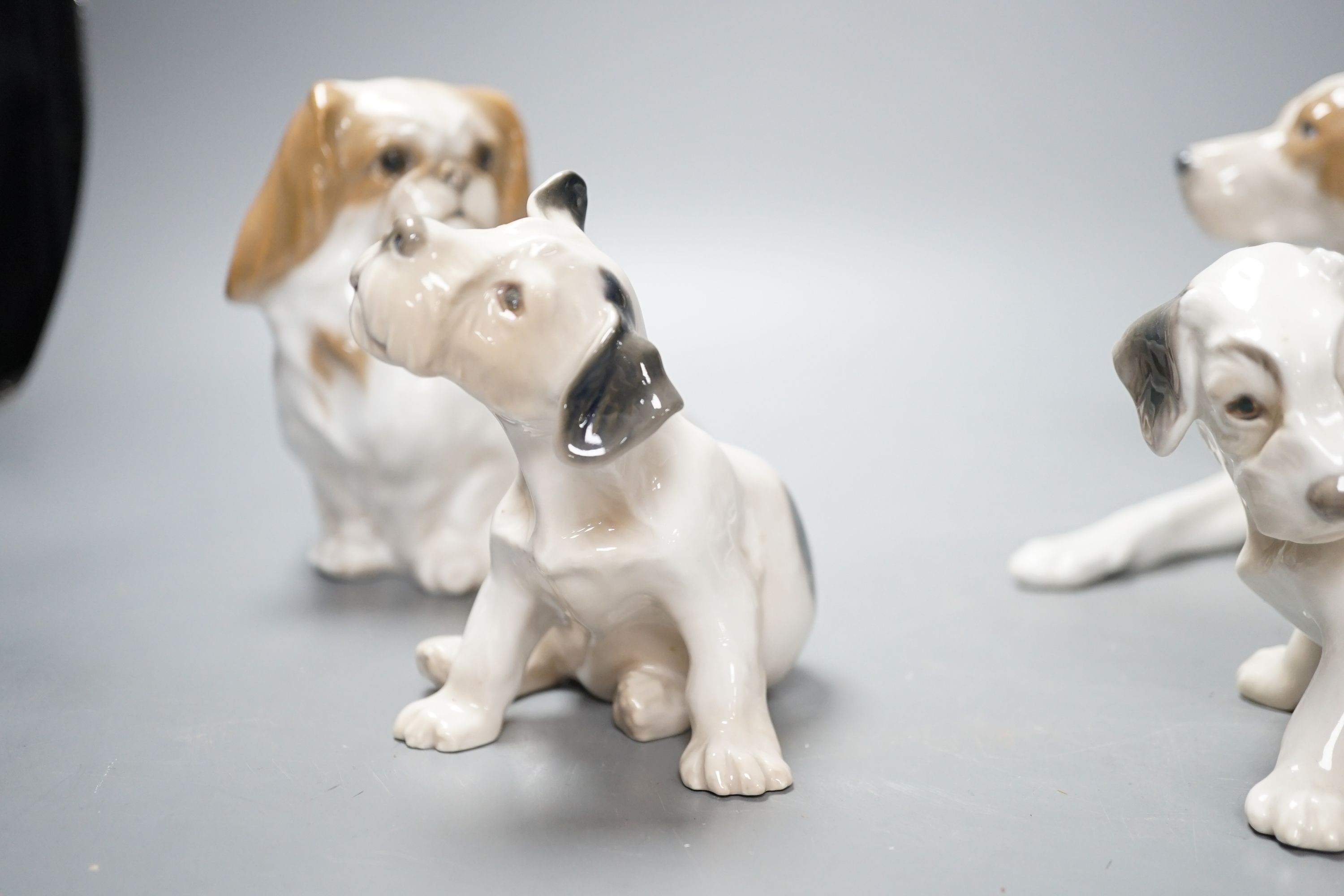 Two Royal Copenhagen figures of dogs and two Bing and Grondahl figures of dogs, largest 23 cms wide